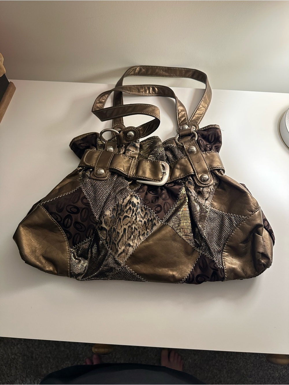 VTG Chateau Metallic Bronze Patchwork Belted Shoulder Bag Boho